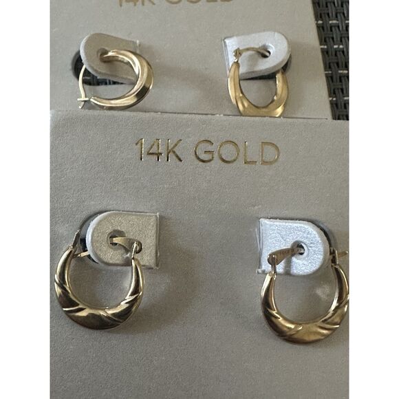 14K Solid Yellow Gold Bundle Of 2 Small Hoop Earrings Textured Dainty - Picture 1 of 12